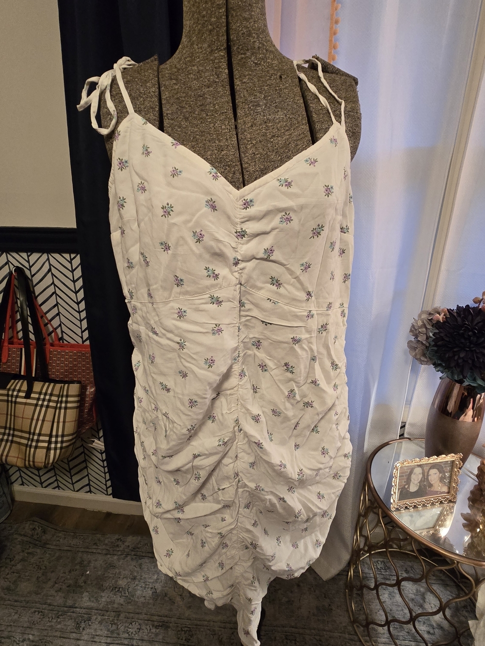 Hollister White Midi Dress with Purple & Green Floral Print